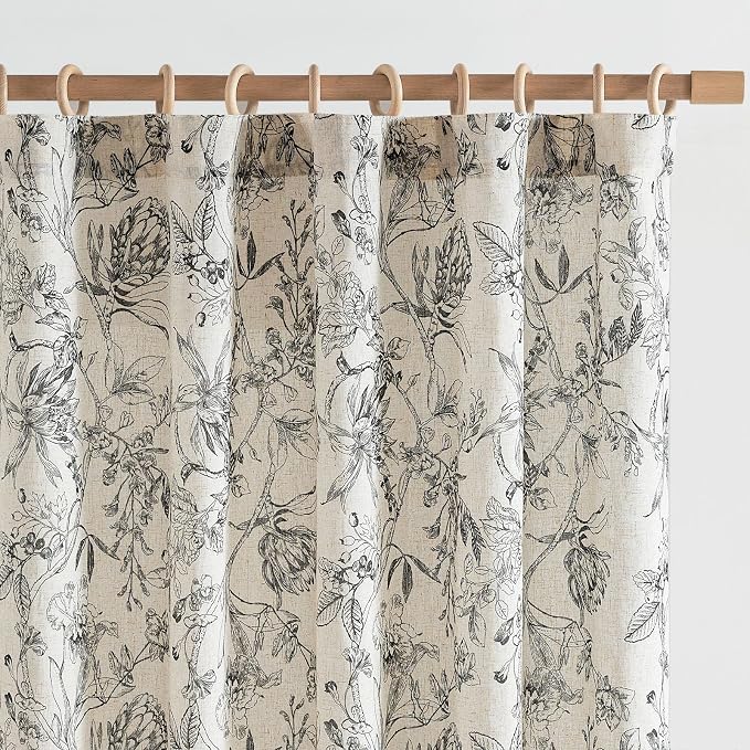 jinchan Floral Curtains 96 Inches Long Black Flower Linen Farmhouse Curtain for Living Room French Country Vintage Curtain Rod Pocket Curtains Set 2 Panels Balck Floral Printed