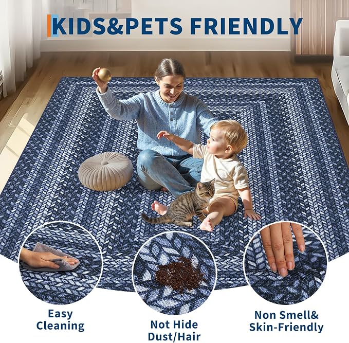 GarveeHome 5x7 Washable Rug for Bedroom Braided Easy Jute Living Room Rugs | Non Slip Modern Neutral Bordered Stain Resistant Indoor Throw Carpet for Nursery Kitchen Dining Room Entryway, Blue