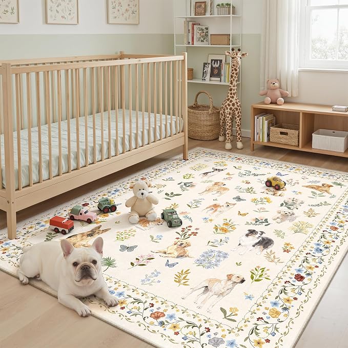 Soalmost Dog 5x7 Area Rugs for Living Room, Washable Animal Soft Rug Beige | Floral Vintage Non-Slip Low Pile Cute Throw Rugs for Kitchen Dining Room Bedroom Nursery Playroom 5' x 7'
