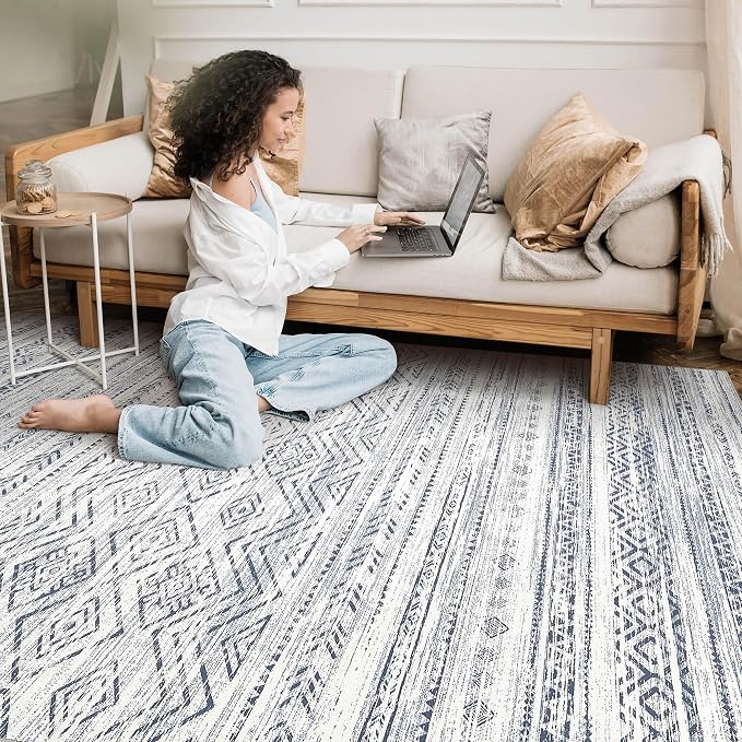 Tortania Area Rug Living Room Rugs- 7x9 Washable Large Soft Neutral Boho Moroccan Bohemian Farmhouse Rug Indoor Floor Carpet for Bedroom Under Dining Table Home Office Decor - Dark Blue