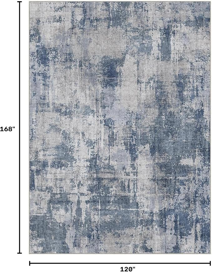 DMOYEST 10x14 Area Rug for Living Room, Washable & Non Slip Large Indoor Carpet, Kid & Pet Friendly Soft Thin Low Pile Abstract Rug for Bedroom and Office - Dark Blue