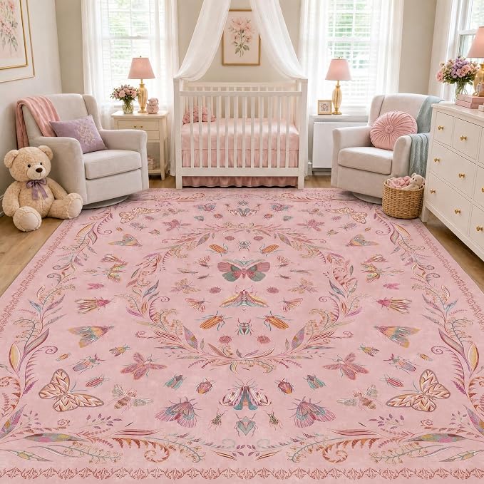 Lunasun Insect Pink Rug for Living Room - 9x12 Cute Rugs for Bedroom, Moth Floral Boho Design, Low Pile Stain Resistant Washable, Perfect for High Traffic Area
