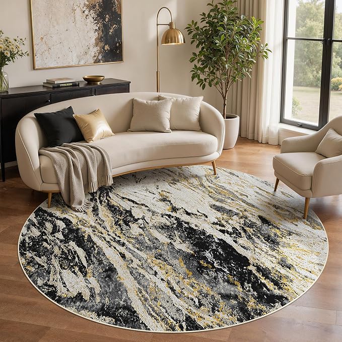 Area Rugs for Living Room: 8ft Round Abstract Washable Rug Modern Neutral Large Soft Stain Resistant Non-Slip for Bedroom Dining Room Indoor Home Office Carpet - Black Gold