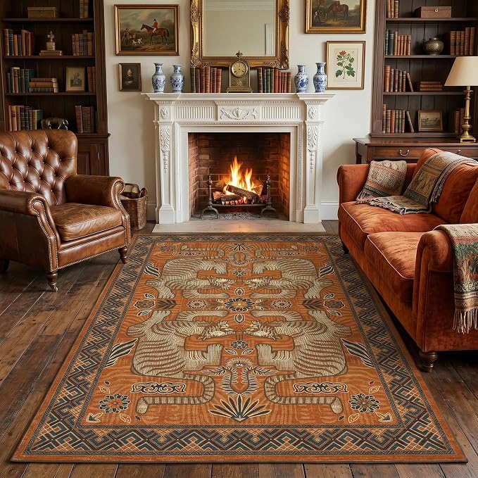 GarveeHome Tibetan Tiger 5x7 Area Rugs, Boho Terracotta Washable Rugs for Living Room, Vintage Tribal Soft Animal Print Throw Rug Non Slip Ultra Thin Stain Resistant Floor Carpet for Office Bedroom