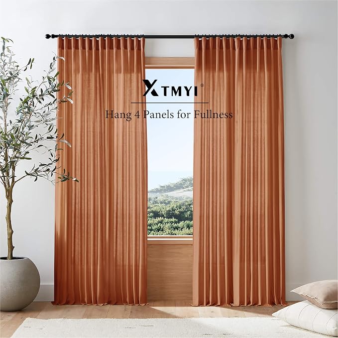 XTMYI Burnt Orange Curtains 2 Panels 84 Inches Long for Bedroom,Boho Back Tab Hooks Pleated Linen Sheer Pumpkin Color Fall Curtains for Living Room