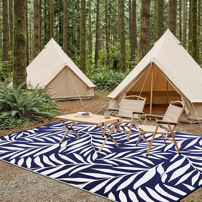Smiry Outdoor Rug 6x9 ft, Waterproof Reversible Plastic Straw Rugs, Outdoor Area Rug with Leaf Pattern, Outside Floor Mat for Patio, Backyard, Deck, Picnic, Beach, Camping, Navy & White