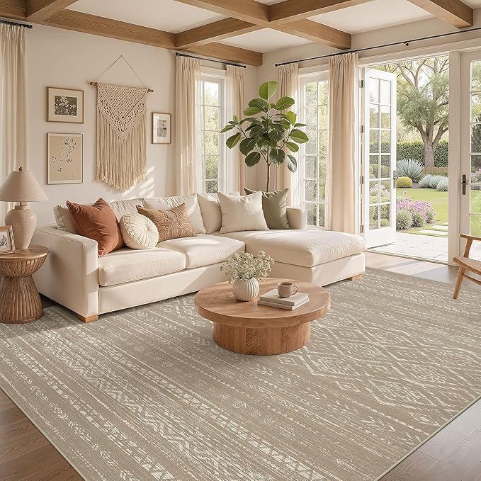 Nakagishi Area Rug Living Room Rugs: 10x12 Large Soft Machine Washable Boho Moroccan FarmNeutral Stain Resistant Indoor Floor Carpet for Bedroom Under Dining Table Home Office Decor-Dark Brown
