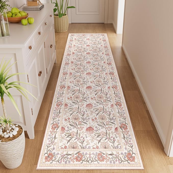 DUKINO 2x6 Runner Rug, Washable Vintage Floral Kitchen Rug, Beige Pink | Non Slip, Low Pile, Non-Shedding, Stain Resistant Soft Carpet Runner for Hallway Bathroom Entryway Bedroom Laundry Farmhouse