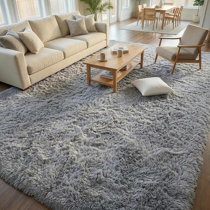 Fluffy Rugs for Living Room: Grey Soft Shag Rug for Bedroom, Large Fuzzy Plush Indoor Floor Carpet Non Slip Modern Rug for Nursery Boys Girls Kids Room Playroom Dorms Home Decor, 7x10 Feet