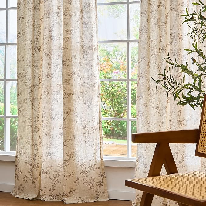 Lazzzy Linen Farmhouse Curtains Taupe Floral Curtains 63 Inch Long Back Tab Drapes for Living Room Bedroom Light Filtering Country Vintage Rod Pocket Curtain, 2 Panels, Taupe on Beige