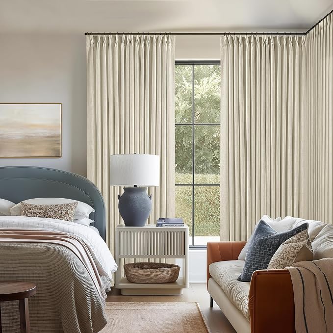 Extra Wide Pinch Pleat 100 x 84 Inch Linen Semi Sheer Curtains 1 Panel | Neutral Beige Tan, for Living Room Patio Glass Sliding Door Dining Bedroom Large Window, Light Filter, Pinch Pleated W100xL84