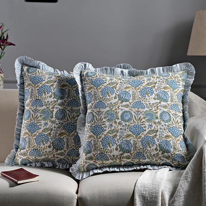 Ridhi Block Print Asparagus Green Throw Pillow Cover 18" x 18" (Pack of 2) Decorative Cushion Covers with Ruffle for Couch, Sofa, Bed, Living Room, Home Decor Gift for Spring, Easter, Valentine