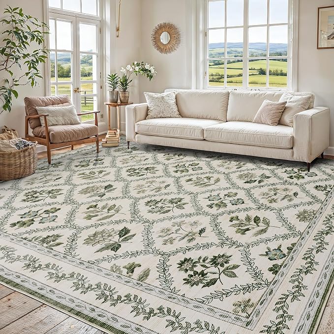 Olive Green Area Rug 8x10 Living Room Area Rugs Vintage Boho Farmhouse Green and Beige Floral Extra Large Floor Covering for Bedroom Non Slip Machine Washable Soft Carpet for Dining Room Office