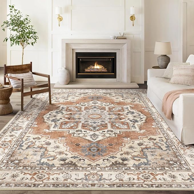9x12 Washable Area Rug: Vintage Neutral Soft Non Slip Thin Large Floor Carpet for Living Room Bedroom Kitchen Dining Room Home Office Farmhouse Indoor - Brick Red