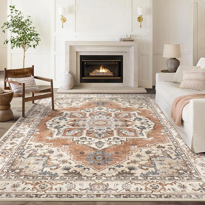 5x7 Washable Area Rug: Vintage Neutral Soft Non Slip Thin Large Floor Carpet for Living Room Bedroom Kitchen Dining Room Home Office Farmhouse Indoor - Brick Red