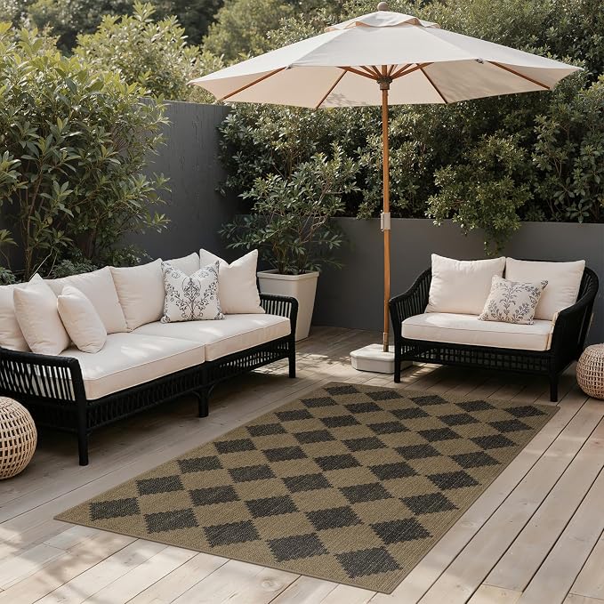 GENIMO Indoor Outdoor Area Rug 5'x8', Checkered Easy Jute Rug Machine Washable, Easy-Cleaning, Non Slip Geometric Outdoor Carpet for Patio, Living Room, Backyard, Porch, Deck, Balcony, Diamond Brown