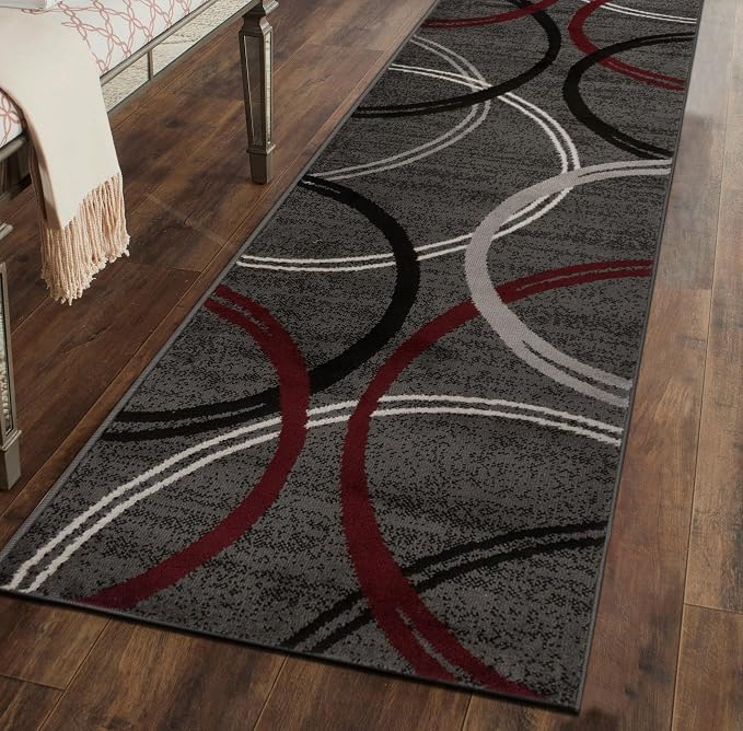 Rugshop Wavy Circles Modern Non-Shedding Runner Rug Red 2' x 10'