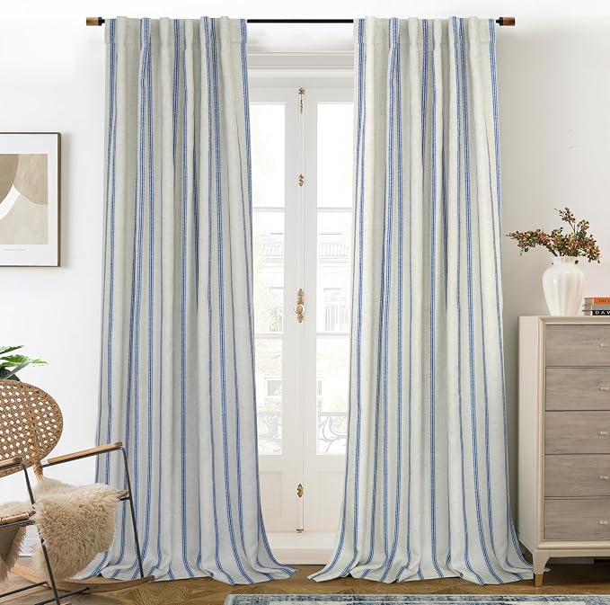 DriftAway Farmhouse Stripe Blackout Curtains, W52xL96, Navy | Blackout, Linen Texture, Stripe Pattern, Rod Pocket & Back Tab, Two Layers, Bedroom Living Room Use, Sound Reducing Design
