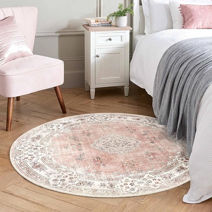 MUJOO Pink Round Rug 4ft Small Circle Washable Area Rug Non Slip Floral | Circular Rugs for Bedroom Living Room Entryway Bathroom Bedroom Boho Throw Carpet Soft Low Pile Indoor Flowers Light Blush