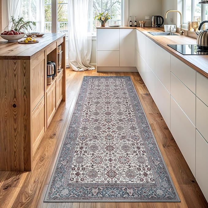 Bloom Rugs Washable Non-Slip 12 ft Runner - Teal/Blue/Beige Traditional Oriental Runner for Entryway, Hallway, Bathroom, and Kitchen - Exact Size: 2.5' x 12'