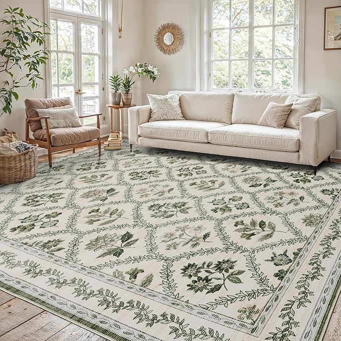 Green Area Rug 6x9 Olive Green and Beige Cream Rugs for Living Room, Non Slip Vinatge Boho Bedroom, Low-Pile Print Flower Leaf Floral Floor Covering Carpet for Home Office, Dining Room
