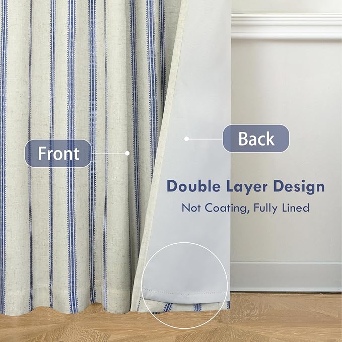 DriftAway Farmhouse Stripe Blackout Curtains, W52xL108, Navy | Blackout, Linen Texture, Stripe Pattern, Rod Pocket & Back Tab, Two Layers, Bedroom Living Room Use, Sound Reducing Design