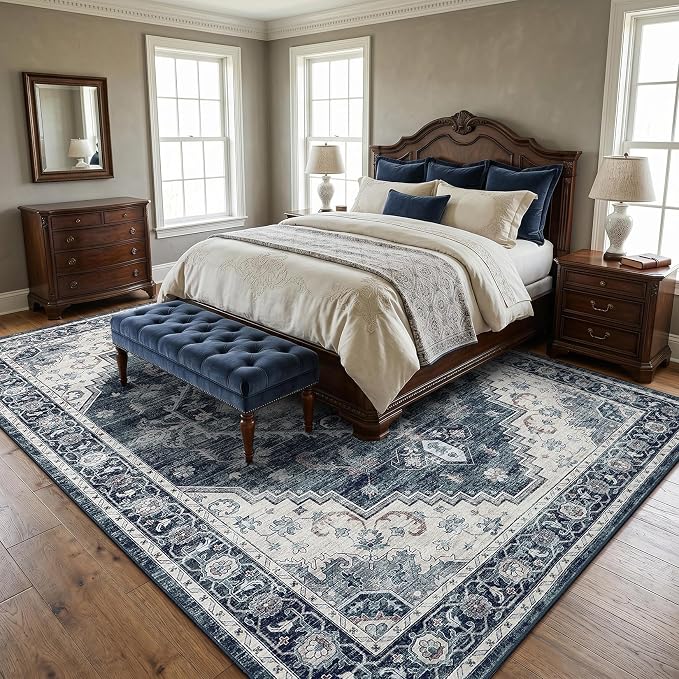 Garvee Navy Blue 10x13 Area Rugs for Living Room, Boho Vintage Non-Slip Washable Rug Low Pile Stain Resistant Soft Foldable Large Carpet for Bedroom Dining Home Decor