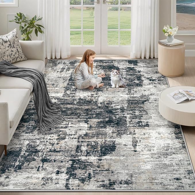 XLUEZ 5x7 Area Rugs for Living Room, Washable Modern Abstract Large Area Rug Neutral Soft Non Slip Kids Rug Stain Resistant Indoor Carpet for Bedroom Nursery Dining Room Playroom(BlackGrey, 5'x7')