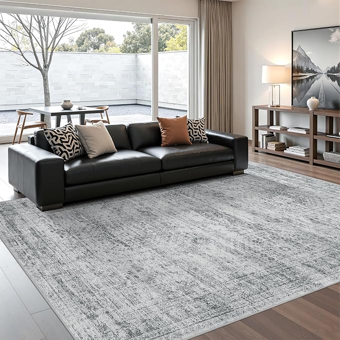 6x9 Area Rugs for Living Room,Large Washable Rug,Grey | Rugs for Bedroom,Dining Room,Office,Low Pile,Soft, Neutral Rug,Stain Resistant Indoor Carpet,Non Slip,Home Decor