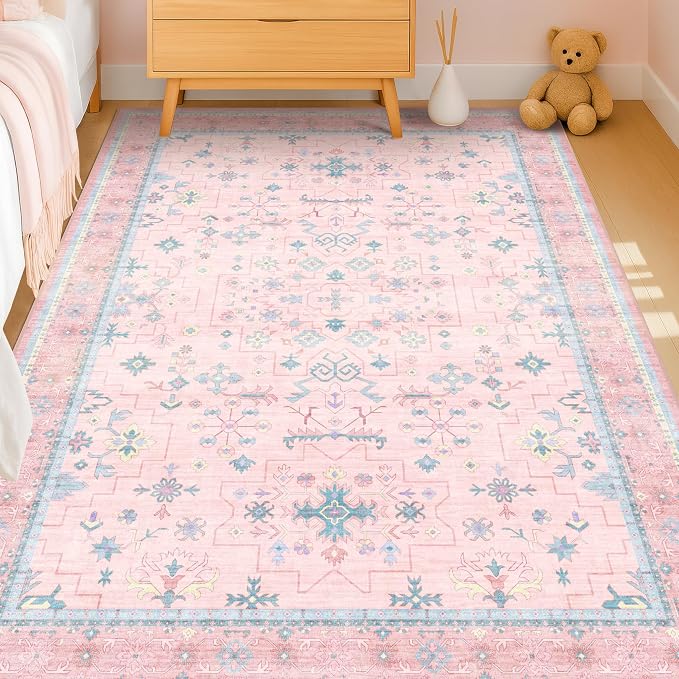 Hazo Haus Pink and Blue Washable 5x8 Living Room Rugs, Boho Aethestic Oushak Vintage Area Rug for Bedroom Girls Kids Playroom Nursery Room, Non-Slip Rubber Backing Stain Resistant