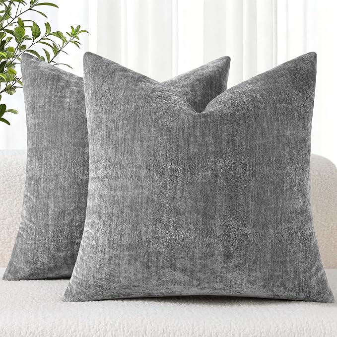 decorUhome Soft Chenille Dark Grey Throw Pillow Covers 24X24 Set of 2 | Decorative Fall Couch Pillow Covers Solid Dyed Accent Modern Euro Sham Farmhouse Neutral Square Pillow Cases for Sofa