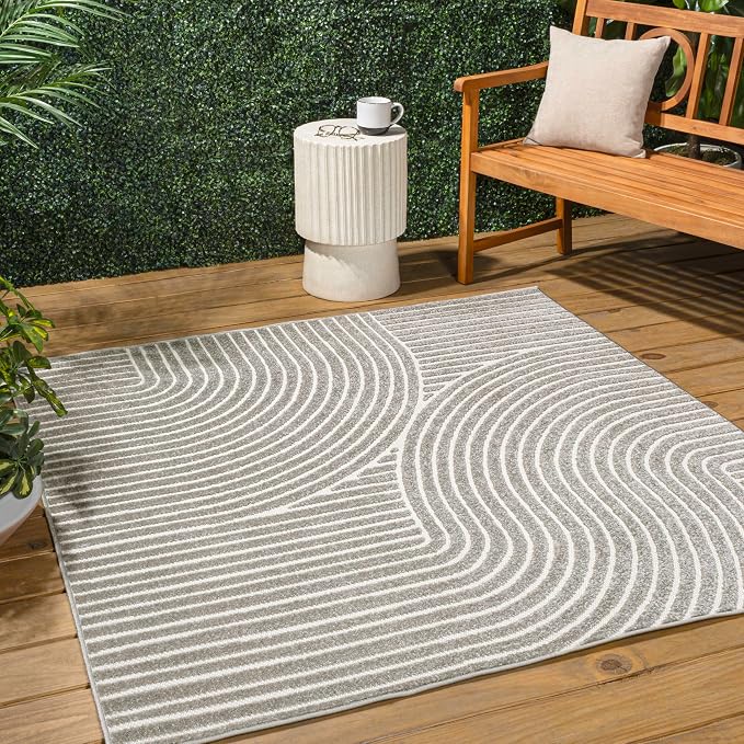 JONATHAN Y Hallie High-Low Curve Gray/Ivory 7x7 Square Indoor/Outdoor Area Rug, Minimalist, Pet Friendly, Non-Shedding, Stain Resistant, Hose-Washable for Backyard, Patio, Porch (SCN100A-7SQ)