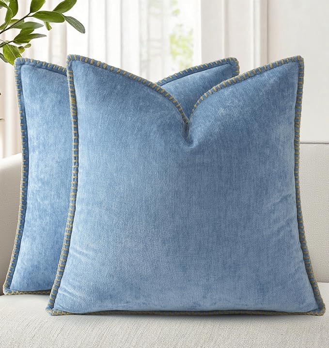 decorUhome Soft Chenille Throw Pillow Covers 16x16 Set of 2 Blue | Fall Textured Decorative Throw Pillow Cases Stitched Edge Modern Farmhouse Luxury Boho Velvet for Couch Sofa Bed Home Decor