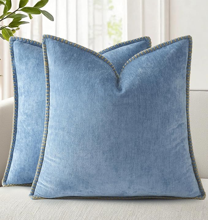 decorUhome Soft Chenille Throw Pillow Covers 22x22 Set of 2 Blue | Fall Textured Decorative Throw Pillow Cases Stitched Edge Modern Farmhouse Luxury Boho Velvet for Couch Sofa Bed Home Decor