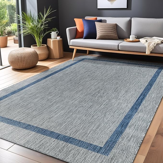 Luul Home Bordered Outdoor Rug 5x7 Washable Outside Carpet for Indoor Patio Porch Waterproof Easy Cleaning Non Shedding Area Rugs Silver Gray - Blue 5 x 7