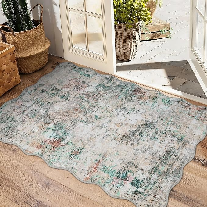ROYHOME Modern Abstract 2x3 Scalloped Area Rug Non Slip Non Shedding Low Pile Stain Resistant Rug for Entryway Kitchen Bedroom,Colorful