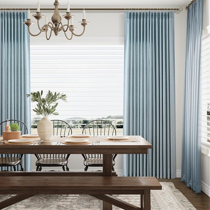 Aersas Light Blue Pinch Pleated Linen Curtains 120 Inches 2 Panels for Living Room Bedroom Privacy Windows Treatment Sliding Glass Door Light Filtering Curtain House Vintage Decor Sky Sea, 40x120