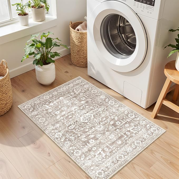 Soalmost 2x3 Area Rugs for Entryway, Washable Neutral Soft Rug Light Brown | Vintage Floral Low Pile Non-Slip Throw Rugs, Accent Rug Floral Indoor Mat for Bedside Living Room Kitchen Bedroom 2'x3'