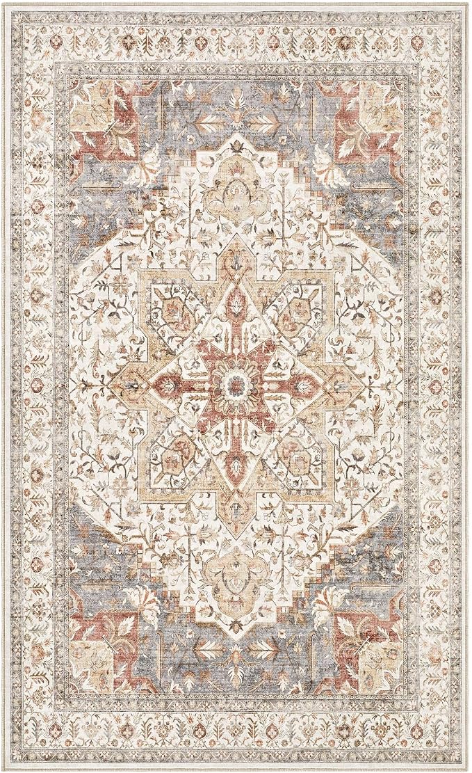 Tortania Area Rug Living Room Rugs - 3x5 Washable Rug Vintage Oriental Distressed Farmhouse Small Thin Indoor Carpet for Living Room Bedroom Under Dining Table Home Office - Orange Multi