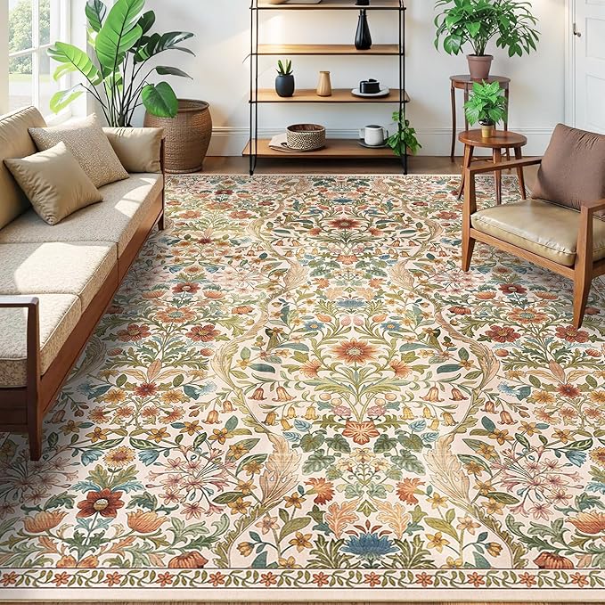 9x12 Beige Vintage Floral Area Rug,Washable Large Boho Living Room Rugs,Botanical Print Non-Slip Stain Resistant Lightweight Carpet for Bedroom Dining Room Nursery