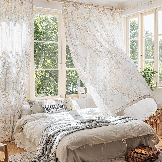 FMFUNCTEX Linen Yellow White Semi Sheer Patio Curtains 84 Inch Long 1 Panel | Extra Wide Sheer Patterned Patio Door Drapes, Tree Branch Print, Grommet Top for Sliding Doors and Airy Farmhouse Privacy