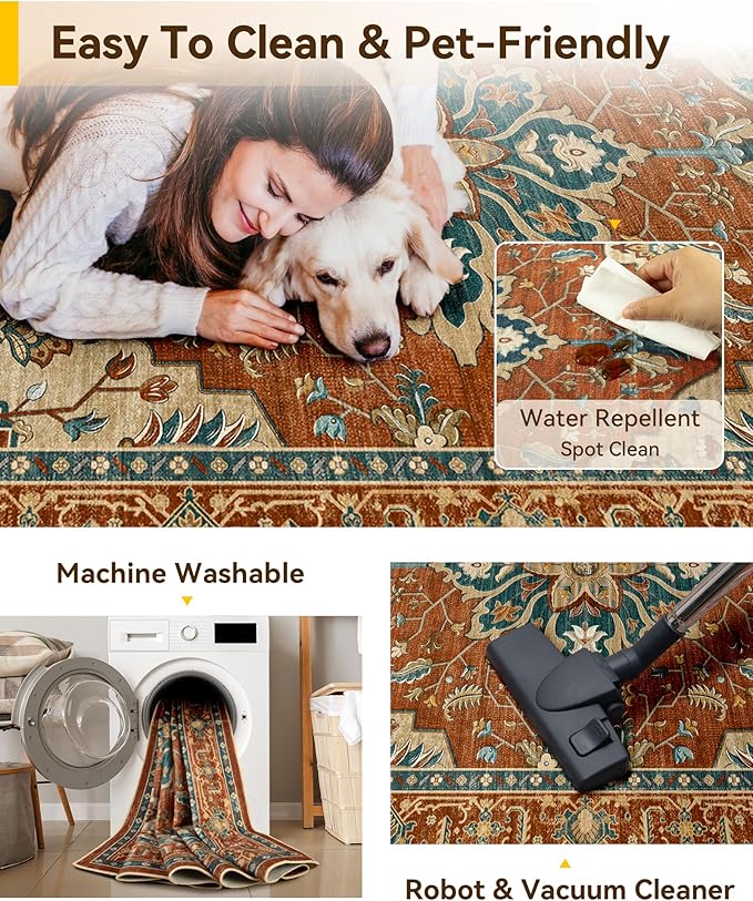 RELEANY Area Rugs Runner 2'x5' Washable Non-Slip, Floral Vintage Distress Medallion Carpet for Kitchen Hallway Bedroom Beside Laundry Room Bathroom, Red Orange Blue Brown