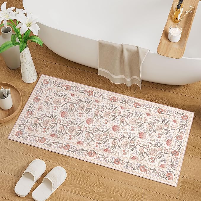 DUKINO 2x4 Rug, Washable Vintage Floral Entryway Rug Non Slip, Beige Pink | Low Pile, Non-Shedding, Stain Resistant Boho Lightweight Soft Indoor Carpet for Kitchen Bathroom Hallway Laundry Farmhouse