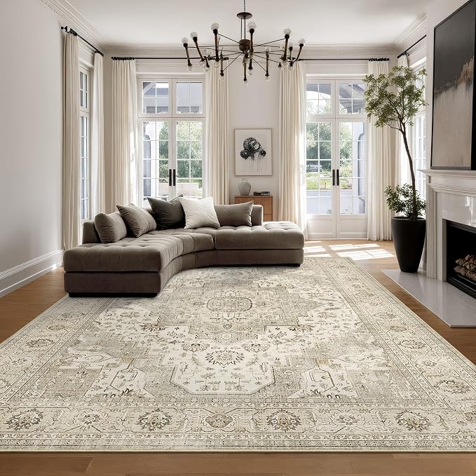 Roxstand 9x12 Washable Area Rug, Vintage Non Slip Rugs, Ivory/Beige | Soft Low Pile Design, Stain Resistant,Pet & Kid Friendly,Carpet for Living Room, Bedroom, Dining Room and Office Decor