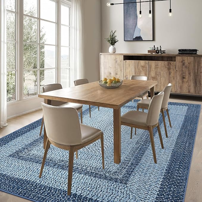 RUGSREAL 10x13 Large Living Room Rug Braided Print Rugs Boho Accent Throw Carpet Farmhouse Rustic Non Slip Geometric Bordered Area Rug Bohemian Carpet for Bedroom Home Decor Office, Blue