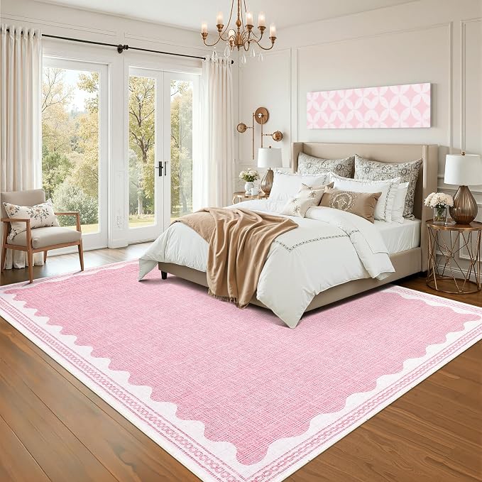 GarveeHome Scalloped Washable 8x10 Rugs for Living Room Non-Slip Solid Pink Modern Minimalism 8 x 10 Rug Low-Pile Carpet for Bedroom Dining Nursery Mat with Rubber Back
