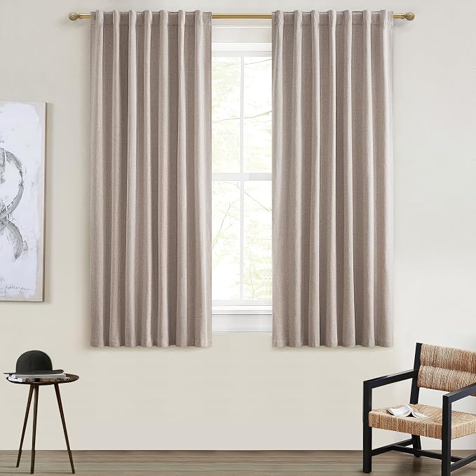 QJmydeco Black Out Linen Boho Curtains 63 Inch Long, Living/Bedroom Curtains 63 Inches Length 2 Panels Set Drapes for 64"Window Energy Saving Noise Reducing Nursery (50"W x 63"L) Back Tab,Hook Belt