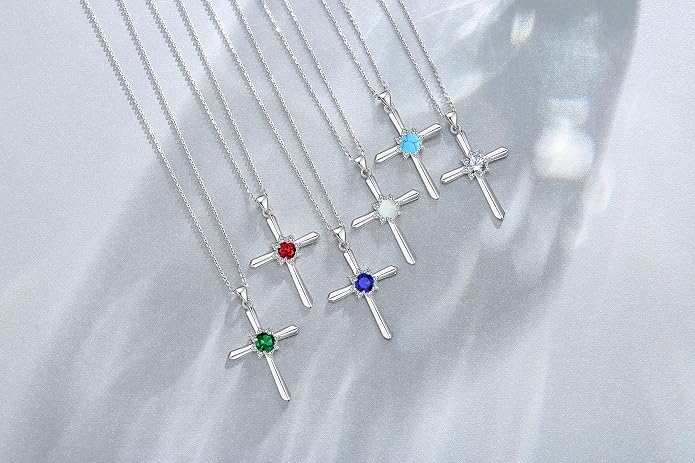 FANCIME Birthstone Cross Necklace for Women Sterling Silver Birthstone Necklace Halo Infinity Cross Pendant Necklace Fine Jewelry Valentines Day Gifts Birthday Holiday Gifts for Her, 16"+2" Inches