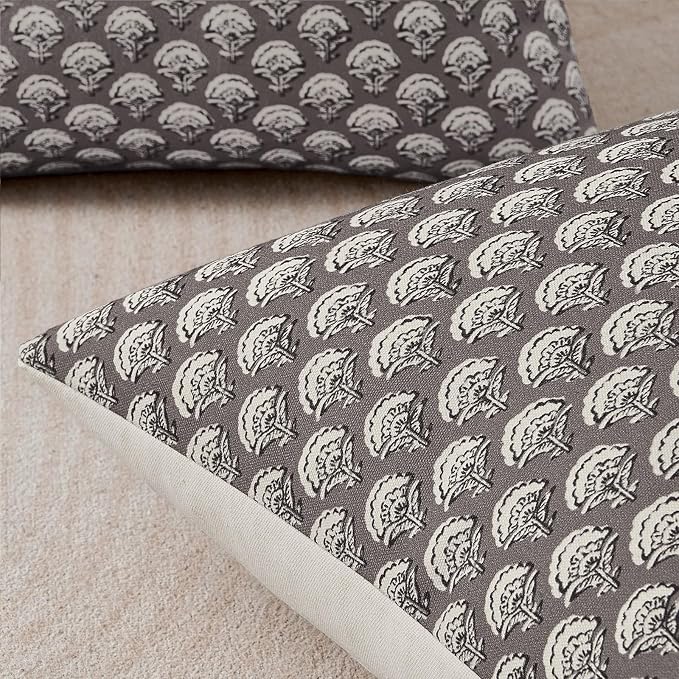 MIULEE Set of 2 Decorative Floral Pillow Covers Neutral Vintage Throw Pillows Block Print Boho Farmhouse Cushion Covers for Modern Home Decor Couch Sofa Bed Living Room, 20x20 Inch, Stone Grey