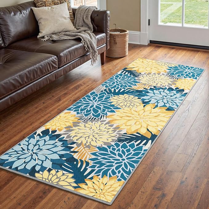 Colorful 2x6 Washable Runner Rug for Hallway Tropical Botanical Modern Floral Chenille Kitchen Rugs Low Pile Non Slip Carpet for Patio, Bedroom, Laundry, Ocean Dahlia
